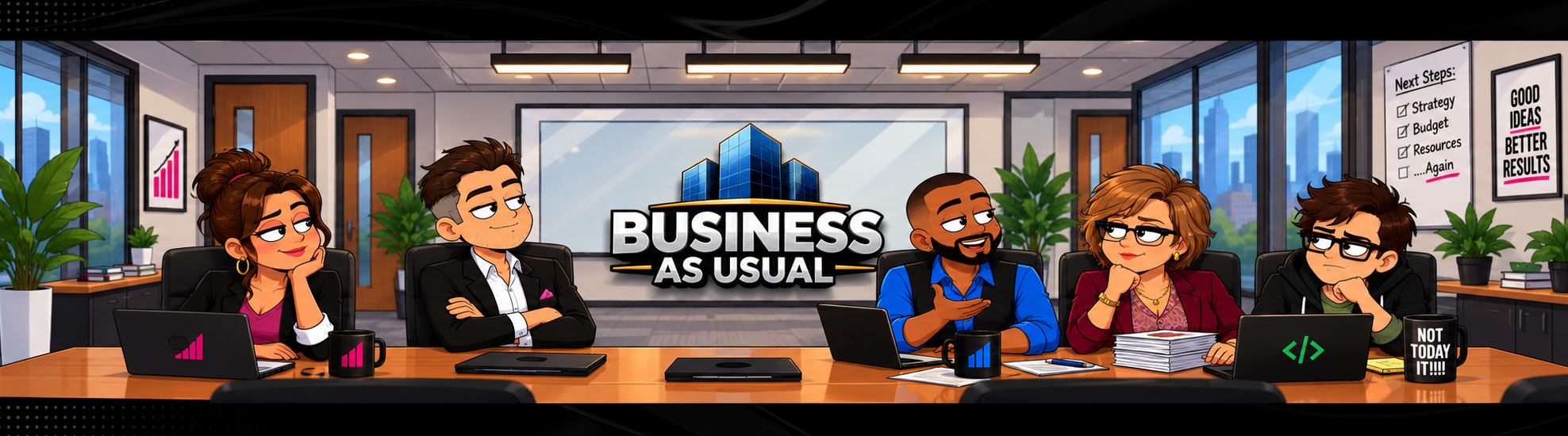 The Business as Usual cast gathered in their office