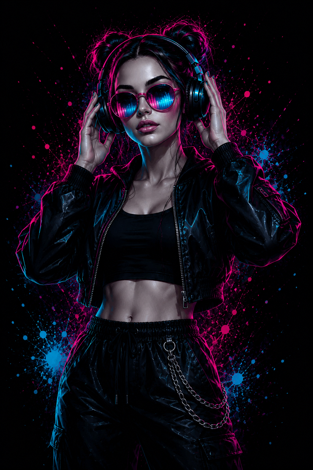 Marketing in 4K brand character wearing headphones and neon glasses