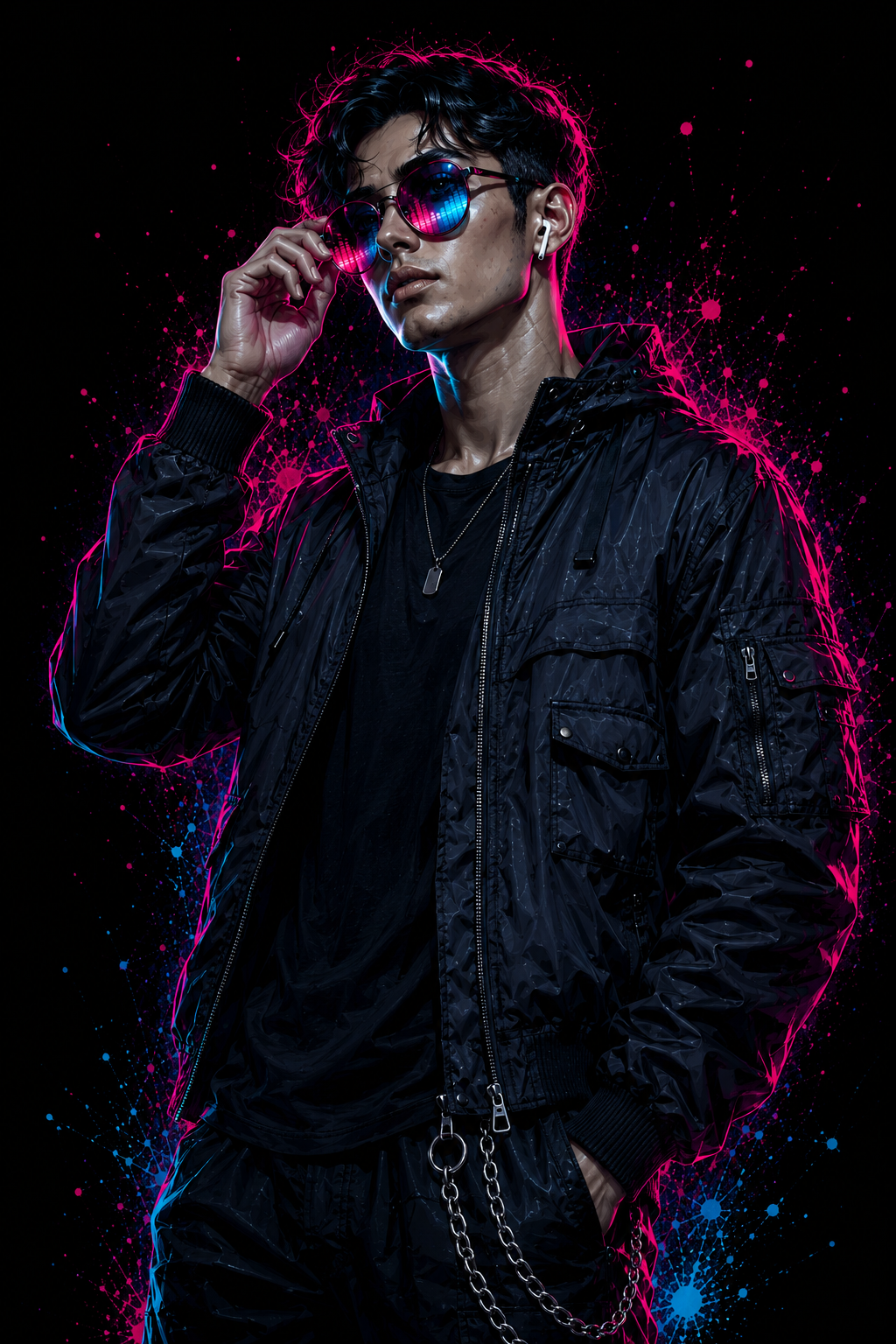 Marketing in 4K male brand model wearing neon glasses
